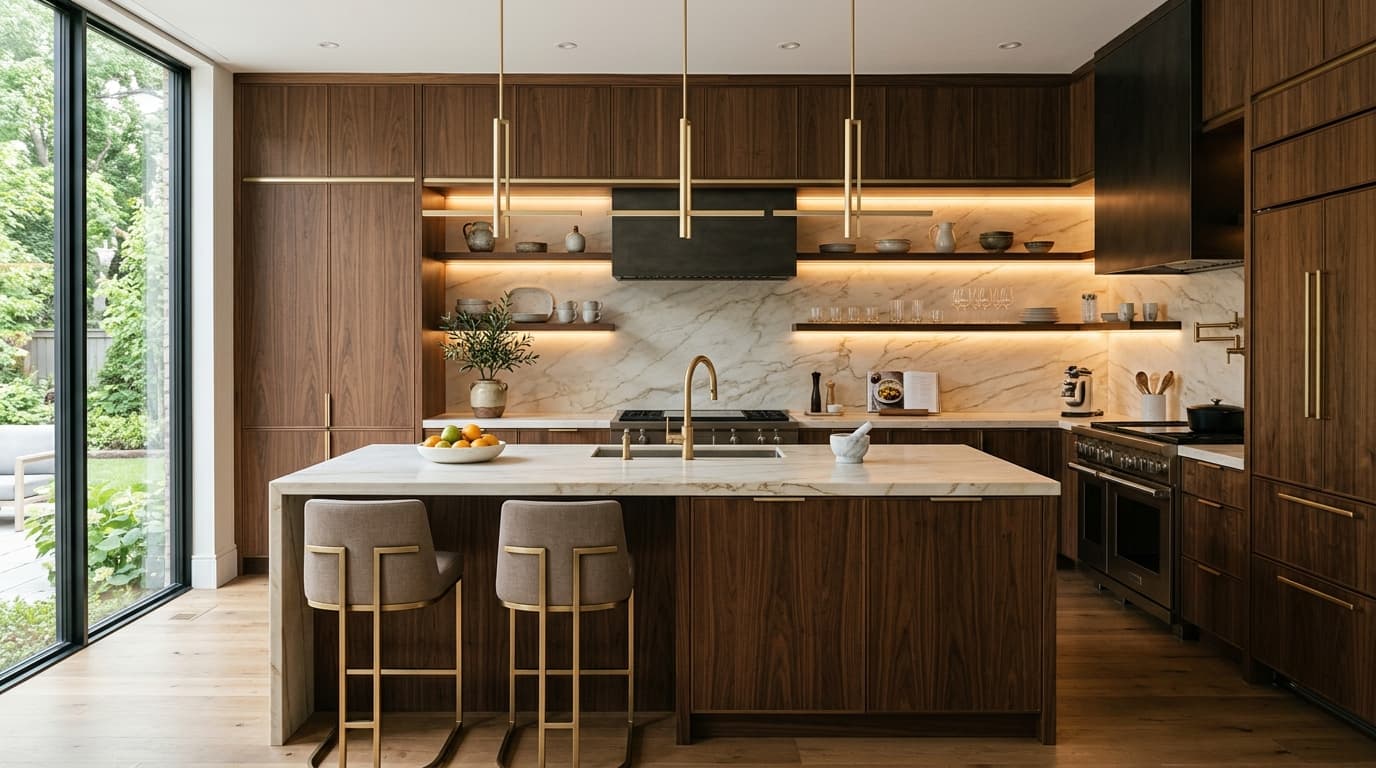Luxury modern interior kitchen with walnut plywood cabinetry by Sri Krishna Plywoods & Hardwares in Hosur